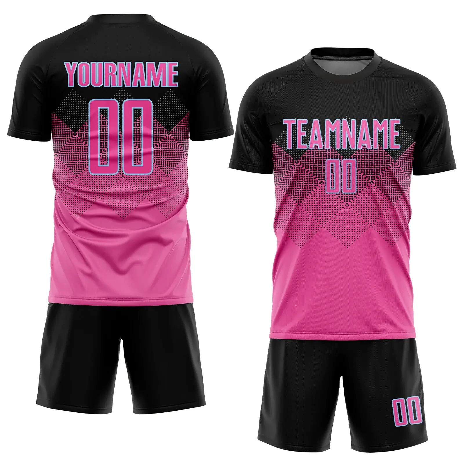 Custom Soccer Jersey Pink Black Light Blue Gradient Square Shape Sublimation, Team Uniform Kit, Custom Name Number, Unisex Men Women Youth