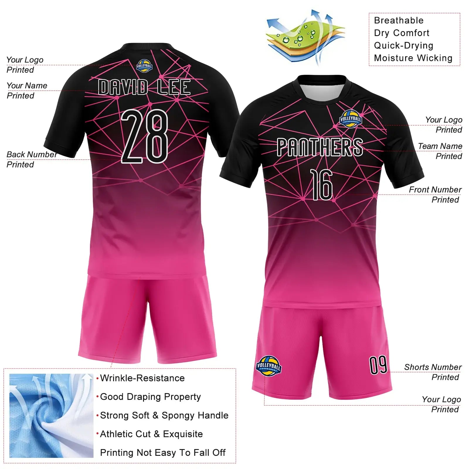 Custom Abstract Network Volleyball Jersey Pink Black White Sublimation, Custom Name Number, Women Girls Unisex Youth