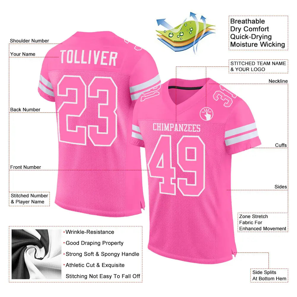 Custom Mesh Football Jersey Pink White Pro Style Sublimation, Custom Name Number, Men Youth Unisex
