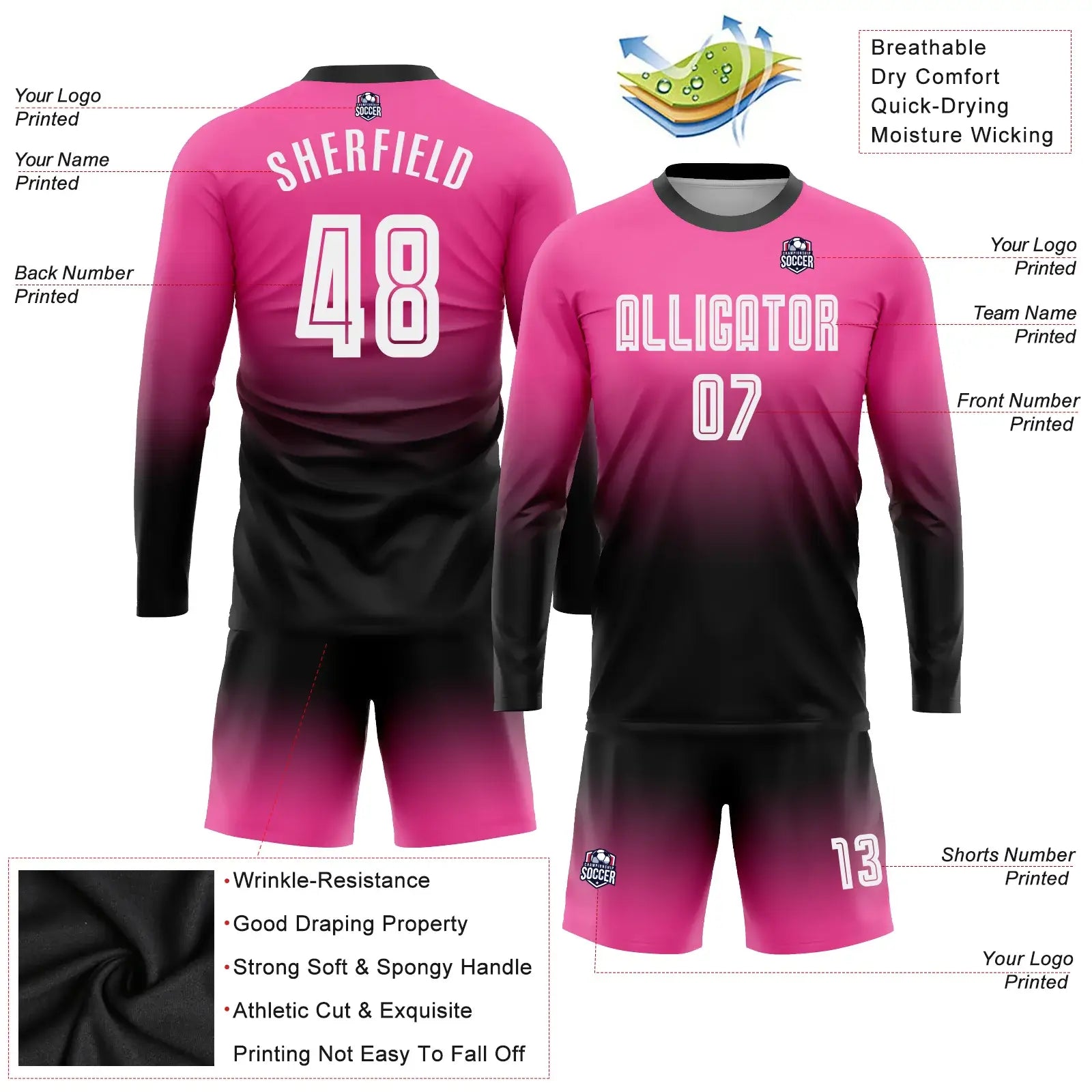 Custom Soccer Jersey Pink White Black Sublimation, Team Uniform Kit, Custom Name Number, Unisex Men Women Youth