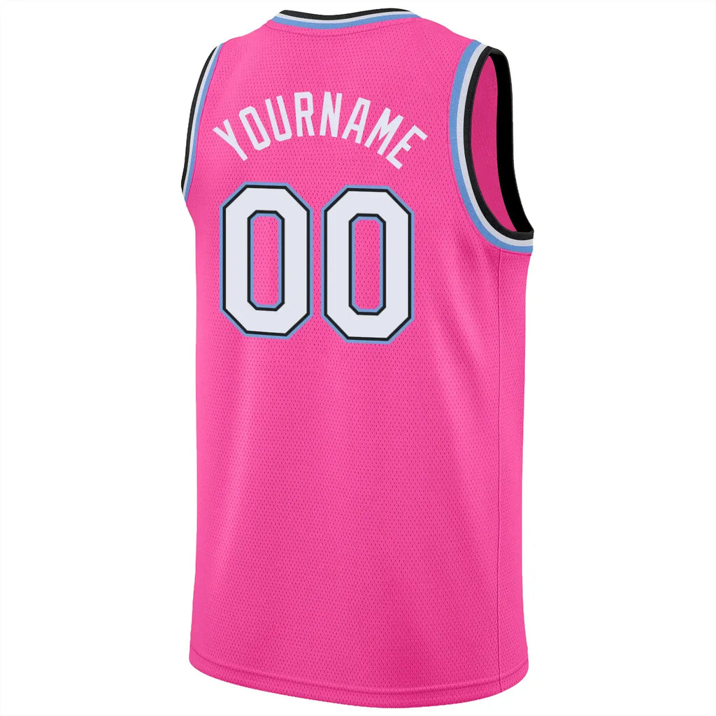 Custom Basketball Jersey Pink White Light Blue Round Neck Rib Knit Sublimation, Team Uniform Kit, Custom Name Number, Unisex Men Women Youth