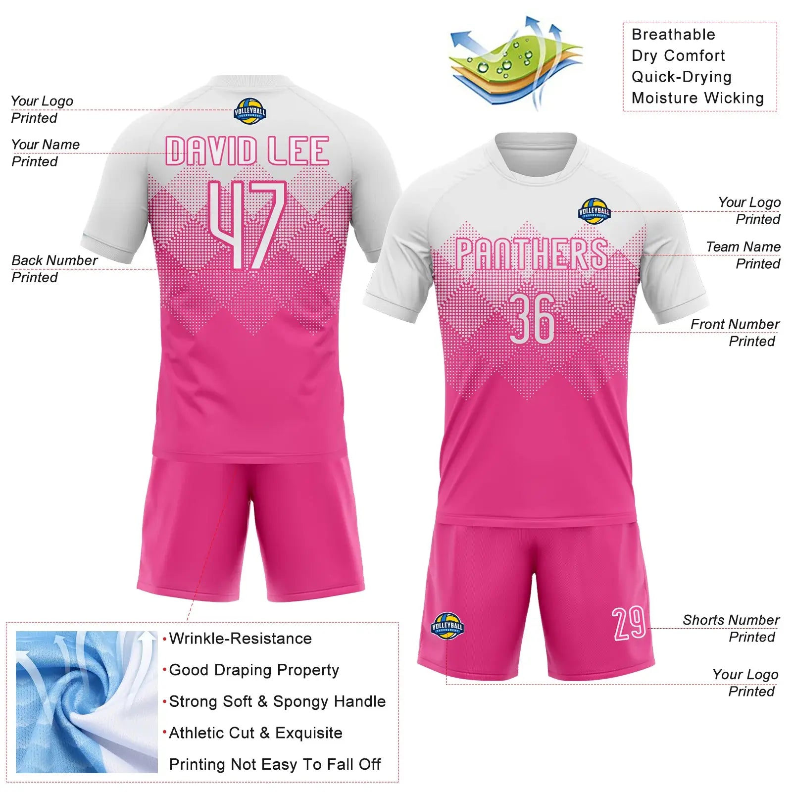 Custom Geometric Shape Volleyball Jersey Pink White Sublimation, Custom Name Number, Women Girls Unisex Youth