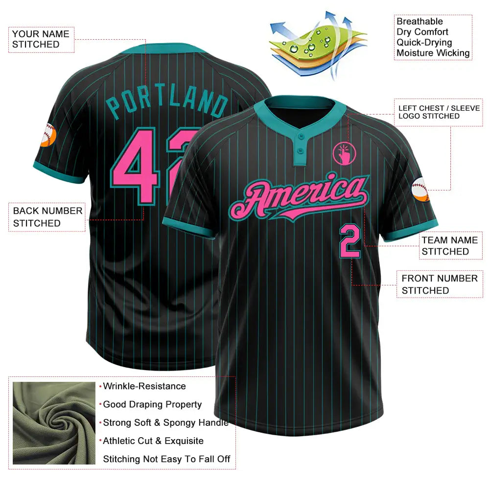 Custom 2-Button Softball Jersey Black Teal Pinstripe Pink Sublimation, Custom Name Number, Women Girls Unisex Youth