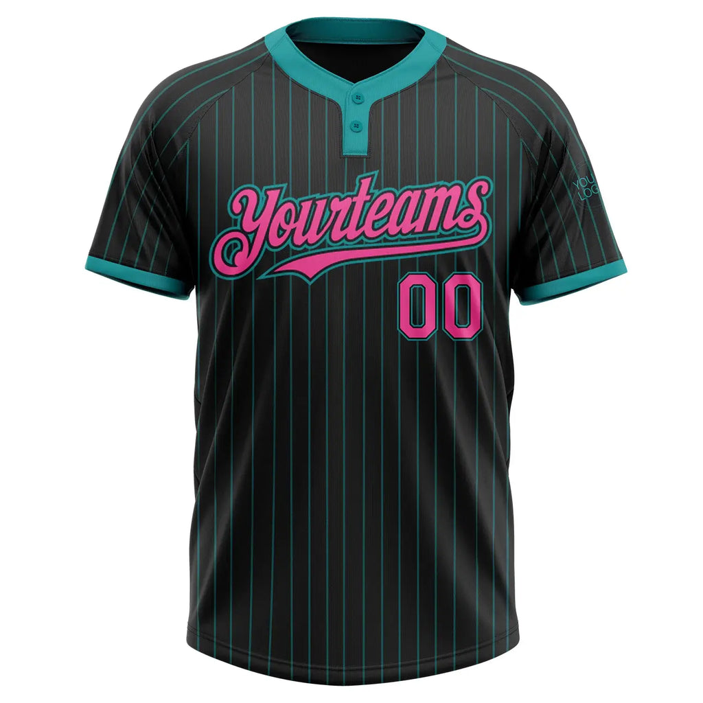Custom 2-Button Softball Jersey Black Teal Pinstripe Pink Sublimation, Custom Name Number, Women Girls Unisex Youth