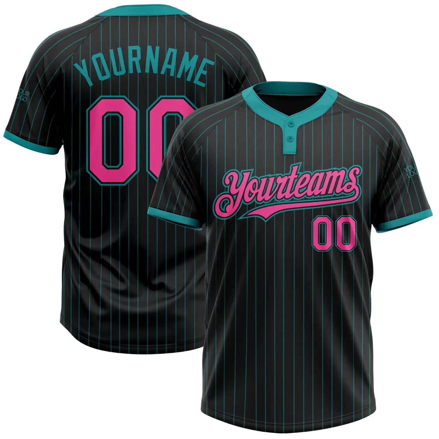 Custom 2-Button Softball Jersey Black Teal Pinstripe Pink Sublimation, Custom Name Number, Women Girls Unisex Youth