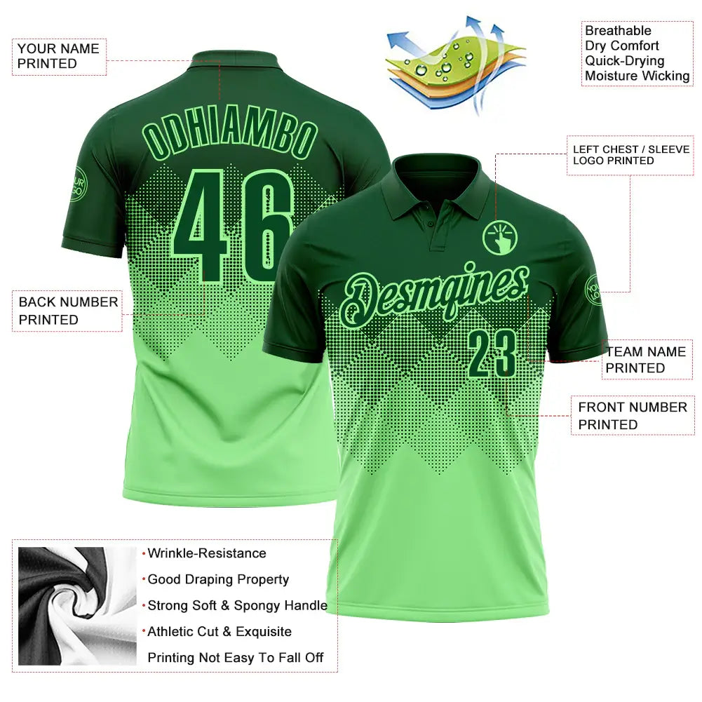 Custom Gradient Geometric Golf Polo Shirt Green 3D Performance Sublimation, Custom Logo, Men Women Unisex