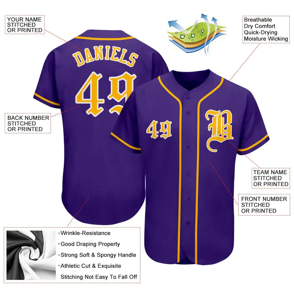 Custom Baseball Jersey Purple Gold White Sublimation, Custom Name Number, Men Youth Unisex
