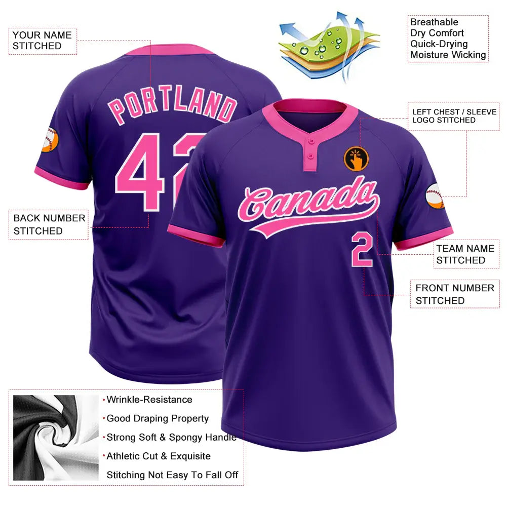 Custom 2-Button Softball Jersey Purple Pink White Sublimation, Custom Name Number, Women Girls Unisex Youth