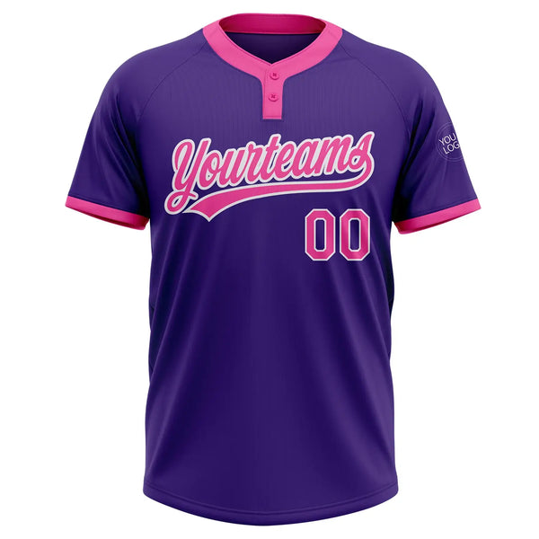 Custom 2-Button Softball Jersey Purple Pink White Sublimation, Custom Name Number, Women Girls Unisex Youth