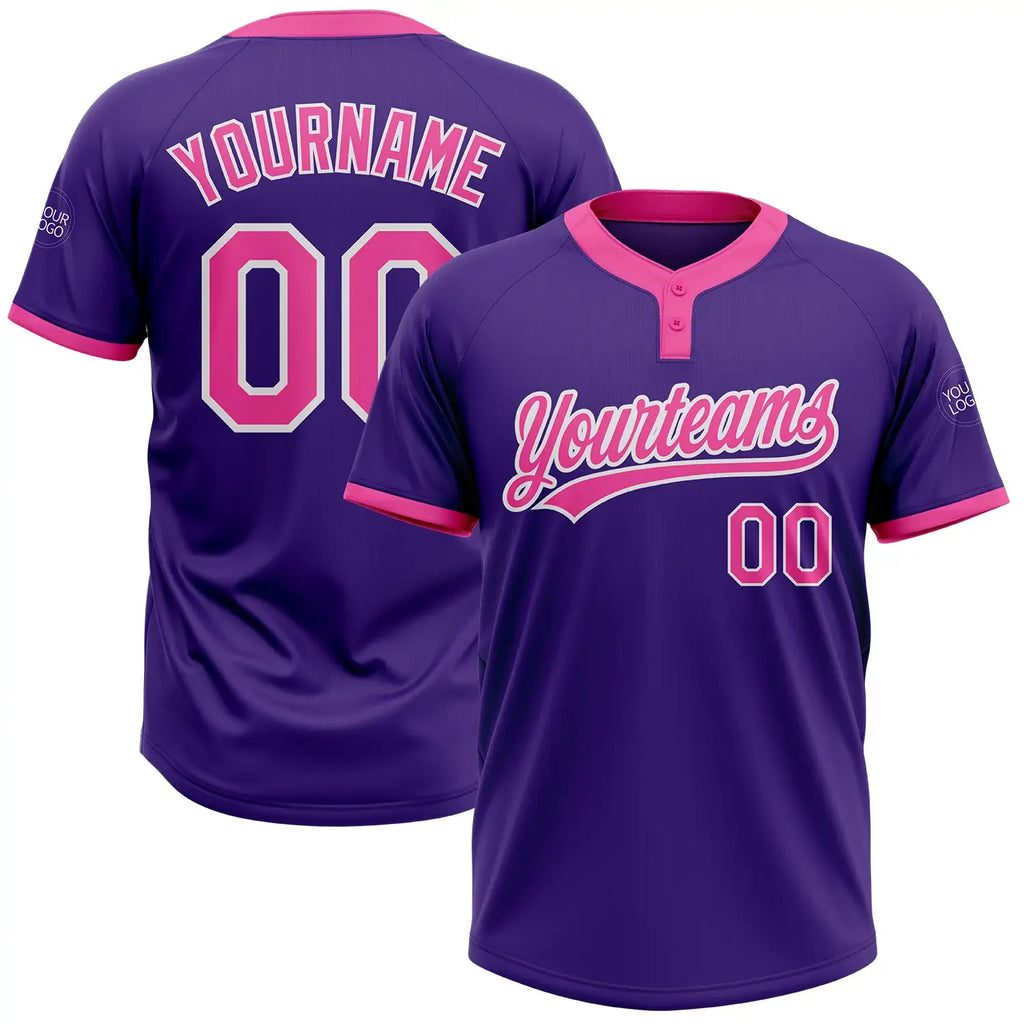 Custom 2-Button Softball Jersey Purple Pink White Sublimation, Custom Name Number, Women Girls Unisex Youth