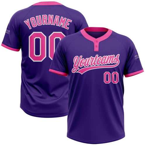 Custom 2-Button Softball Jersey Purple Pink White Sublimation, Custom Name Number, Women Girls Unisex Youth