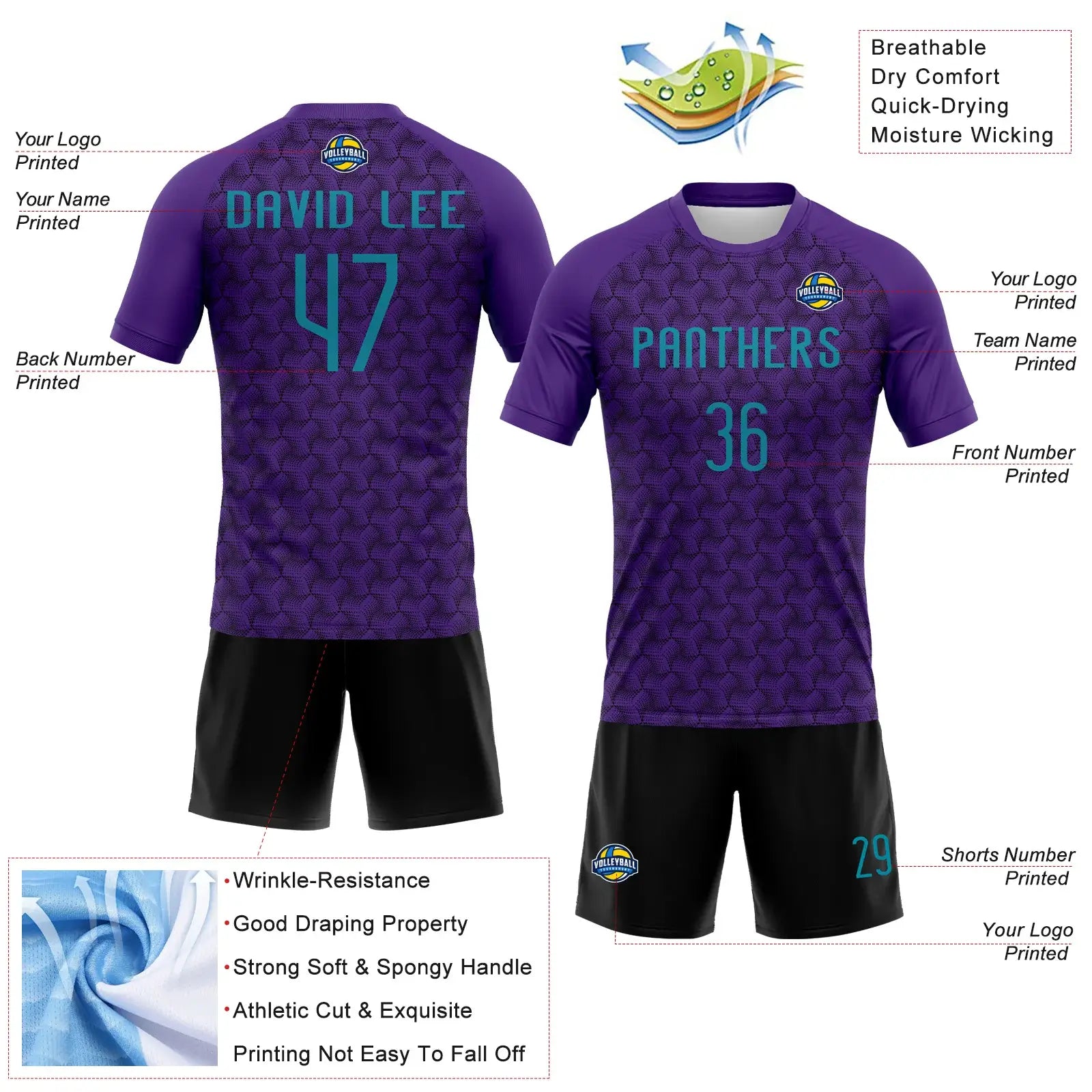 Custom Geometric Shape Volleyball Jersey Purple Teal Black Sublimation, Custom Name Number, Women Girls Unisex Youth