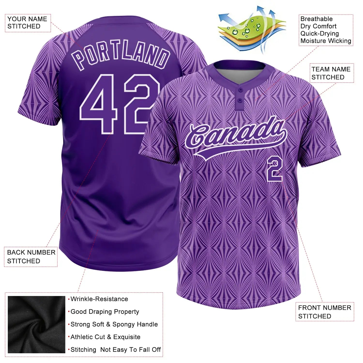 Custom 2-Button Softball Jersey 3D Pattern Purple Purple White Sublimation, Custom Name Number, Women Girls Unisex Youth