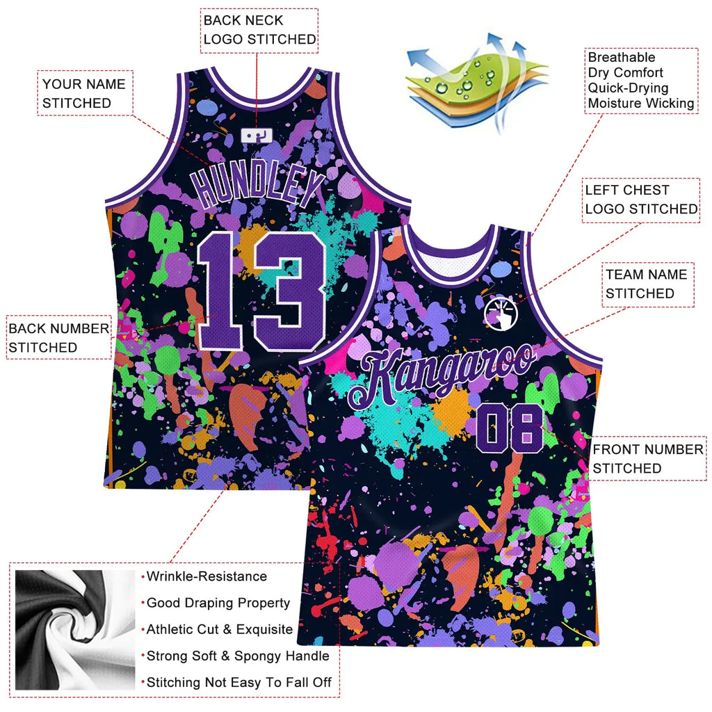 Custom Purple White Graffiti Basketball Jersey 3d Splash Retro Style, Personalized Authentic Streetwear Jersey
