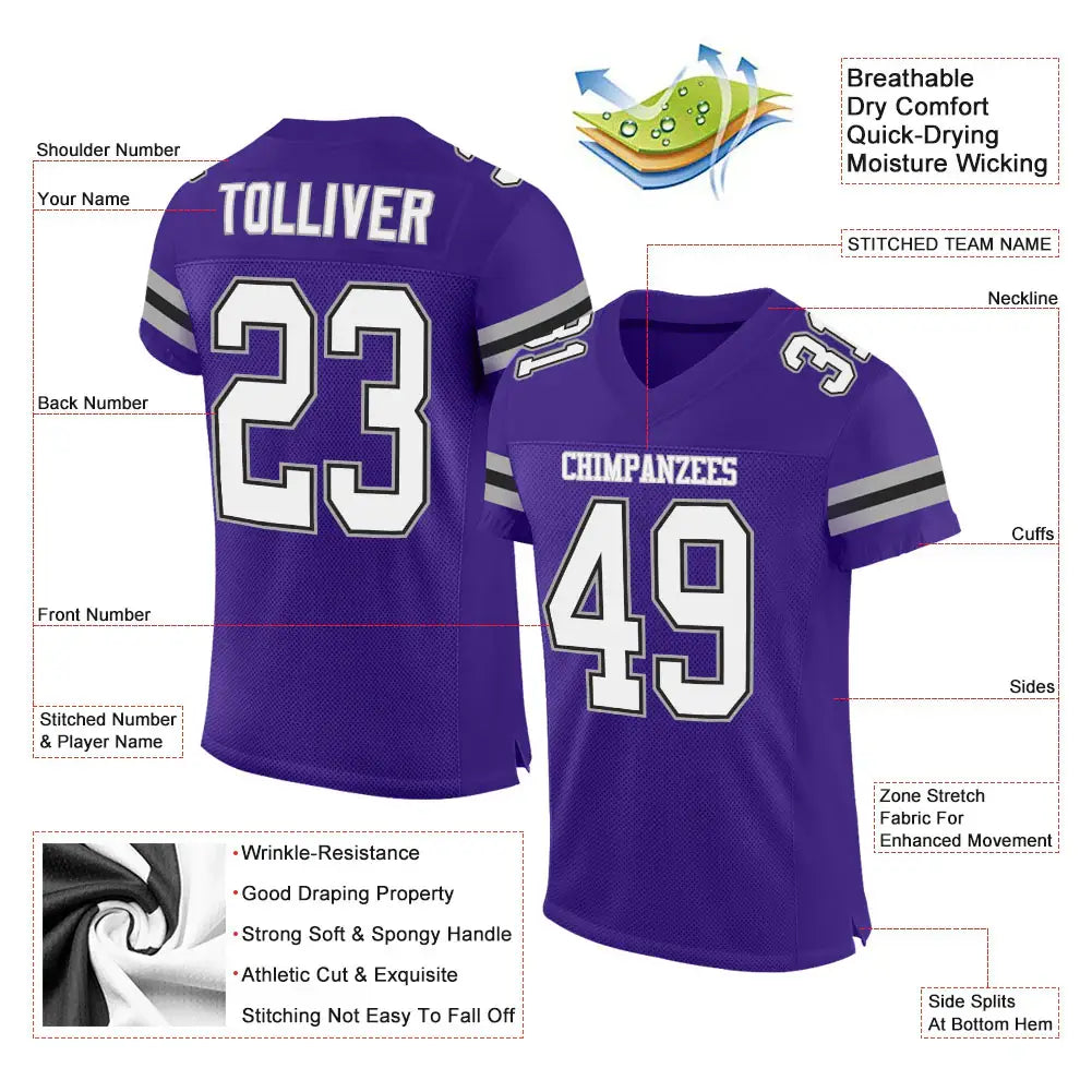 Custom Mesh Football Jersey Purple White Gray Pro Style Sublimation, Custom Name Number, Men Youth Unisex