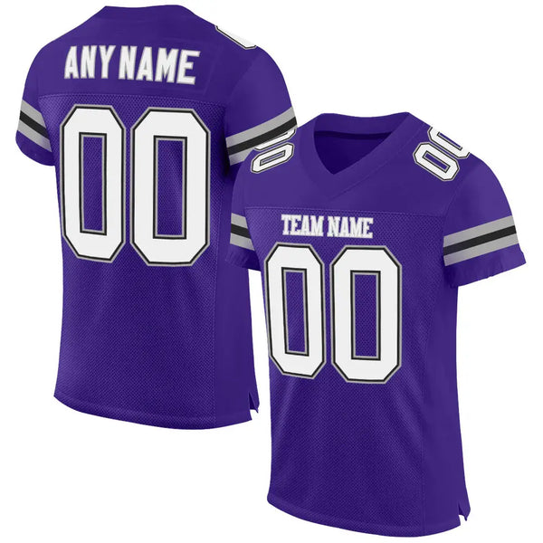Custom Mesh Football Jersey Purple White Gray Pro Style Sublimation, Custom Name Number, Men Youth Unisex
