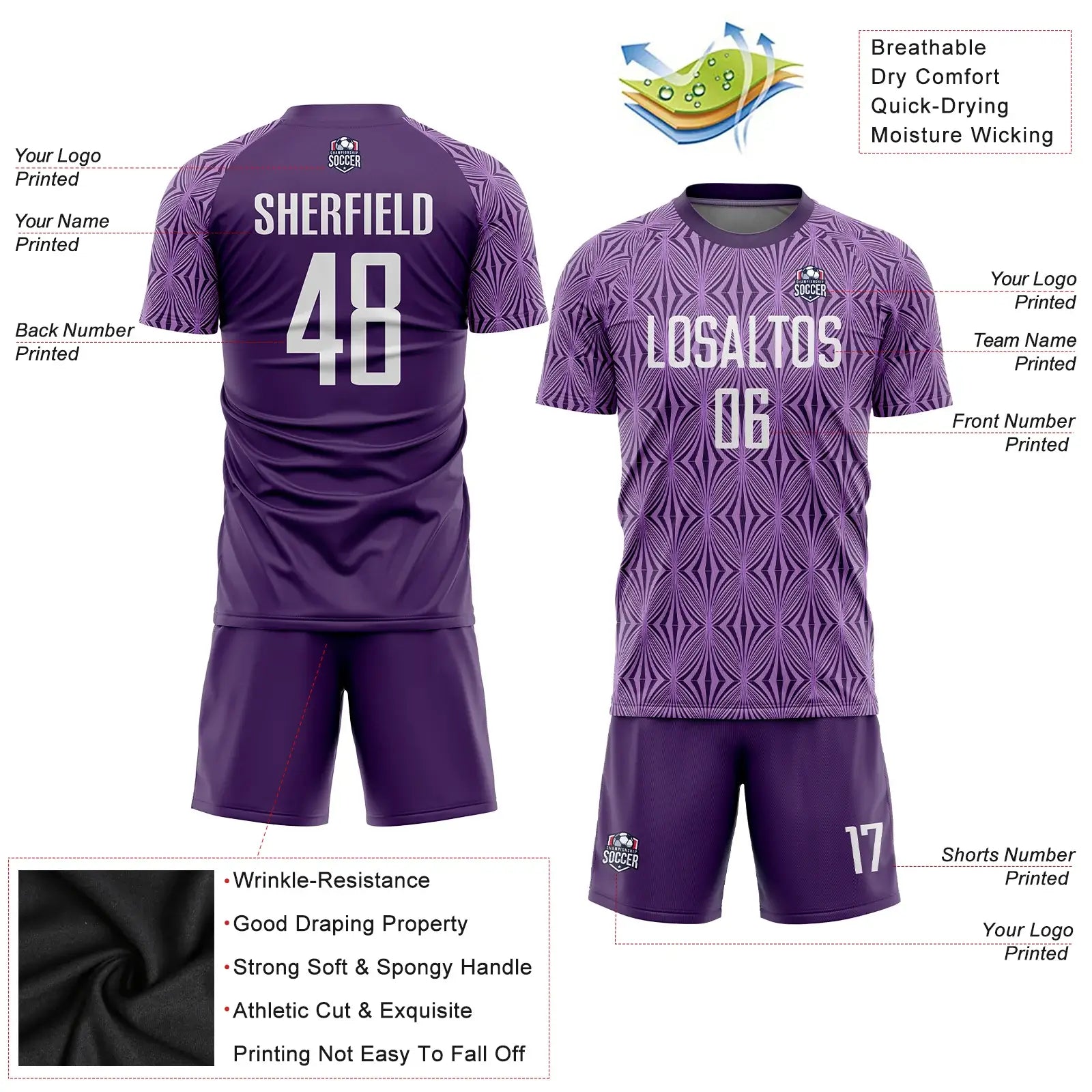 Custom Soccer Jersey Light Purple White Sublimation, Team Uniform Kit, Custom Name Number, Unisex Men Women Youth