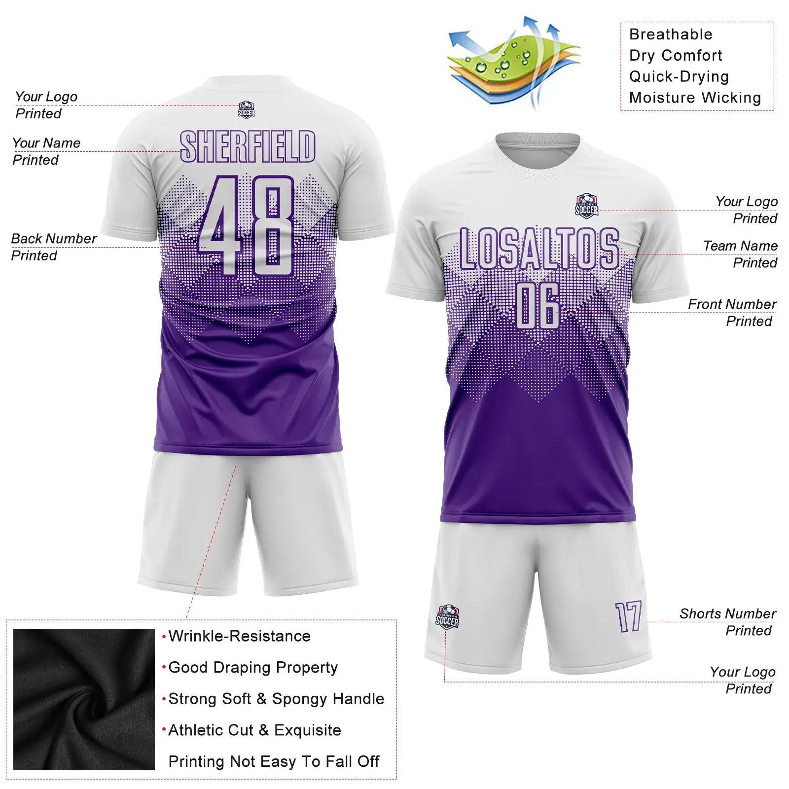 Custom Soccer Jersey Purple White Sublimation, Team Uniform Kit, Custom Name Number, Unisex Men Women Youth