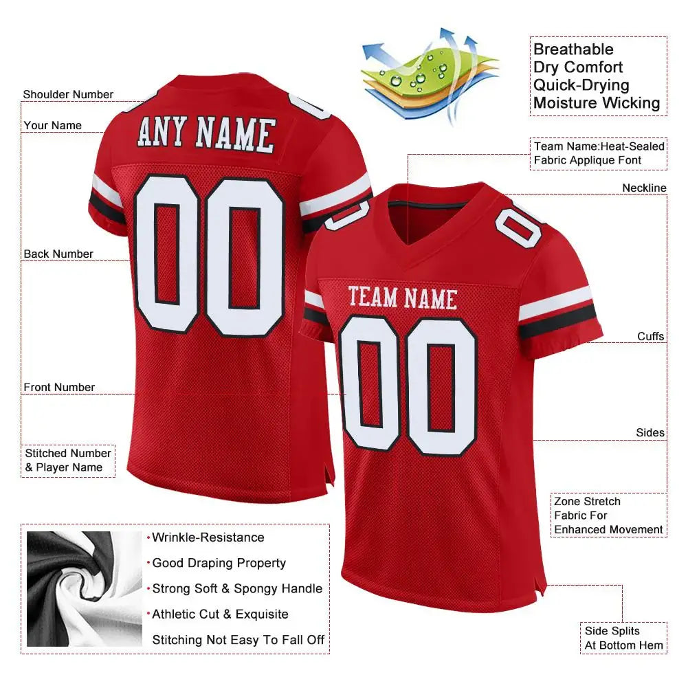 Custom Mesh Football Jersey Red White Black Pro Style Sublimation, Custom Name Number, Men Youth Unisex