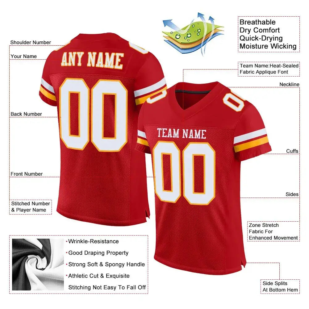 Custom Mesh Football Jersey Red White Gold Pro Style Sublimation, Custom Name Number, Men Youth Unisex