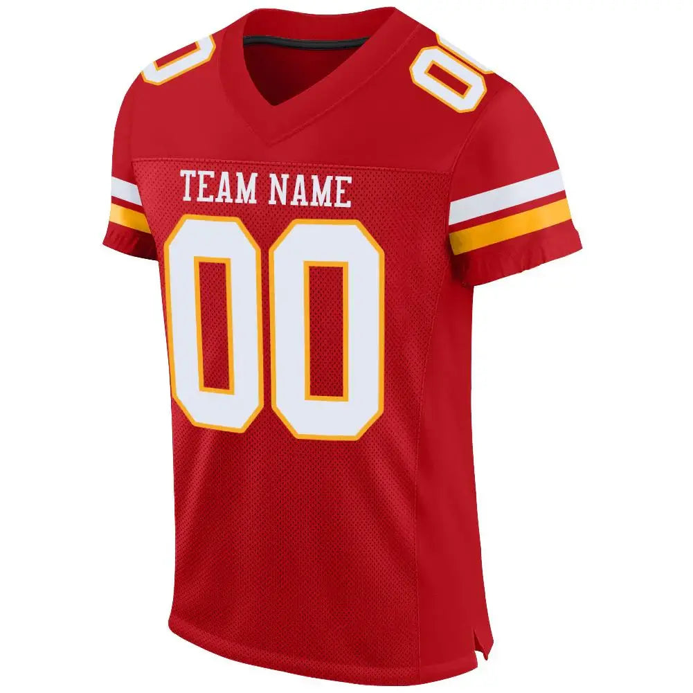 Custom Mesh Football Jersey Red White Gold Pro Style Sublimation, Custom Name Number, Men Youth Unisex