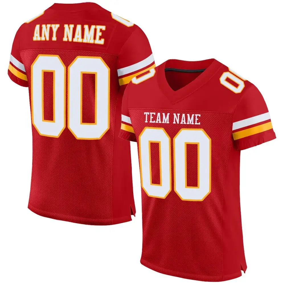 Custom Mesh Football Jersey Red White Gold Pro Style Sublimation, Custom Name Number, Men Youth Unisex