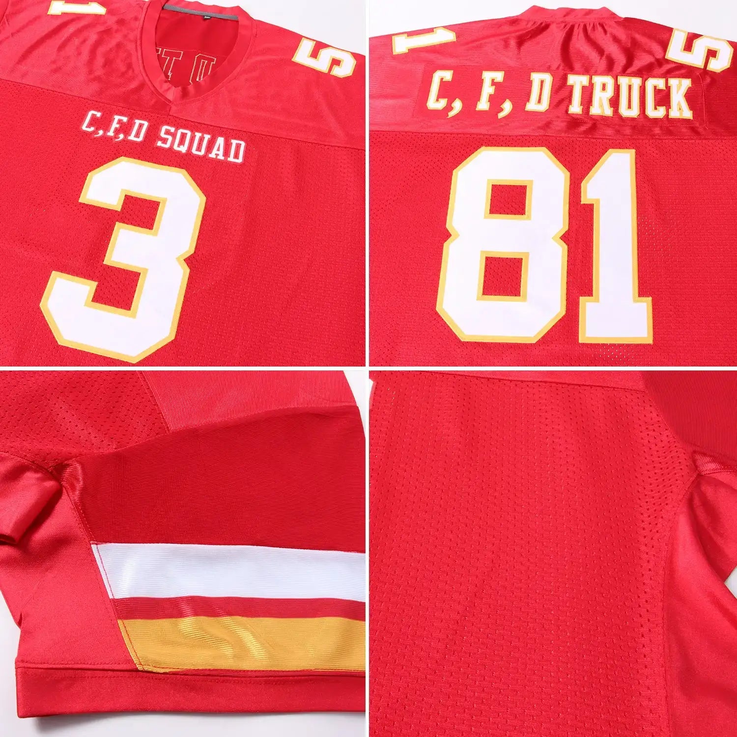 Custom Mesh Football Jersey Red White Gold Pro Style Sublimation, Custom Name Number, Men Youth Unisex