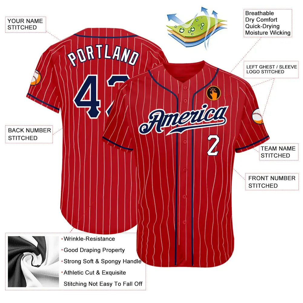 Custom Pinstripe Baseball Jersey Red White Navy Sublimation, Custom Name Number, Men Youth Unisex