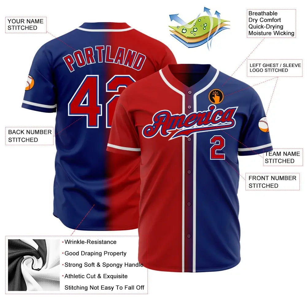 Custom Gradient Fashion Baseball Jersey Royal Red White Sublimation, Custom Name Number, Men Youth Unisex