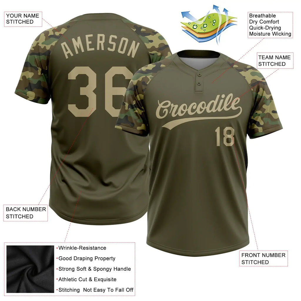Custom 2-Button Softball Jersey Olive Vegas Gold Camo 3D Pattern Salute To Service Sublimation, Custom Name Number, Women Girls Unisex Youth