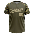 Custom 2-Button Softball Jersey Olive Vegas Gold Camo 3D Pattern Salute To Service Sublimation, Custom Name Number, Women Girls Unisex Youth