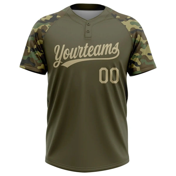 Custom 2-Button Softball Jersey Olive Vegas Gold Camo 3D Pattern Salute To Service Sublimation, Custom Name Number, Women Girls Unisex Youth