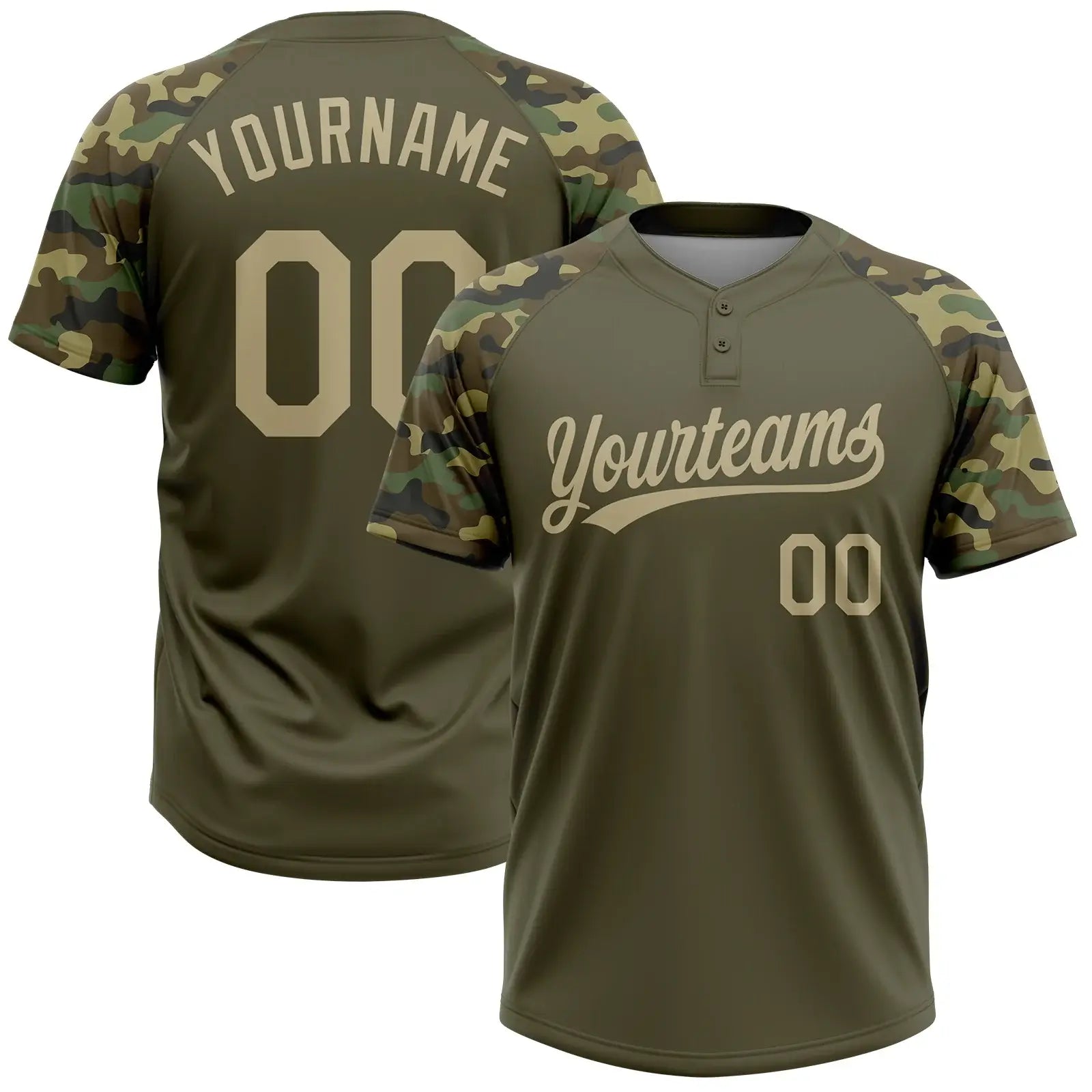 Custom 2-Button Softball Jersey Olive Vegas Gold Camo 3D Pattern Salute To Service Sublimation, Custom Name Number, Women Girls Unisex Youth