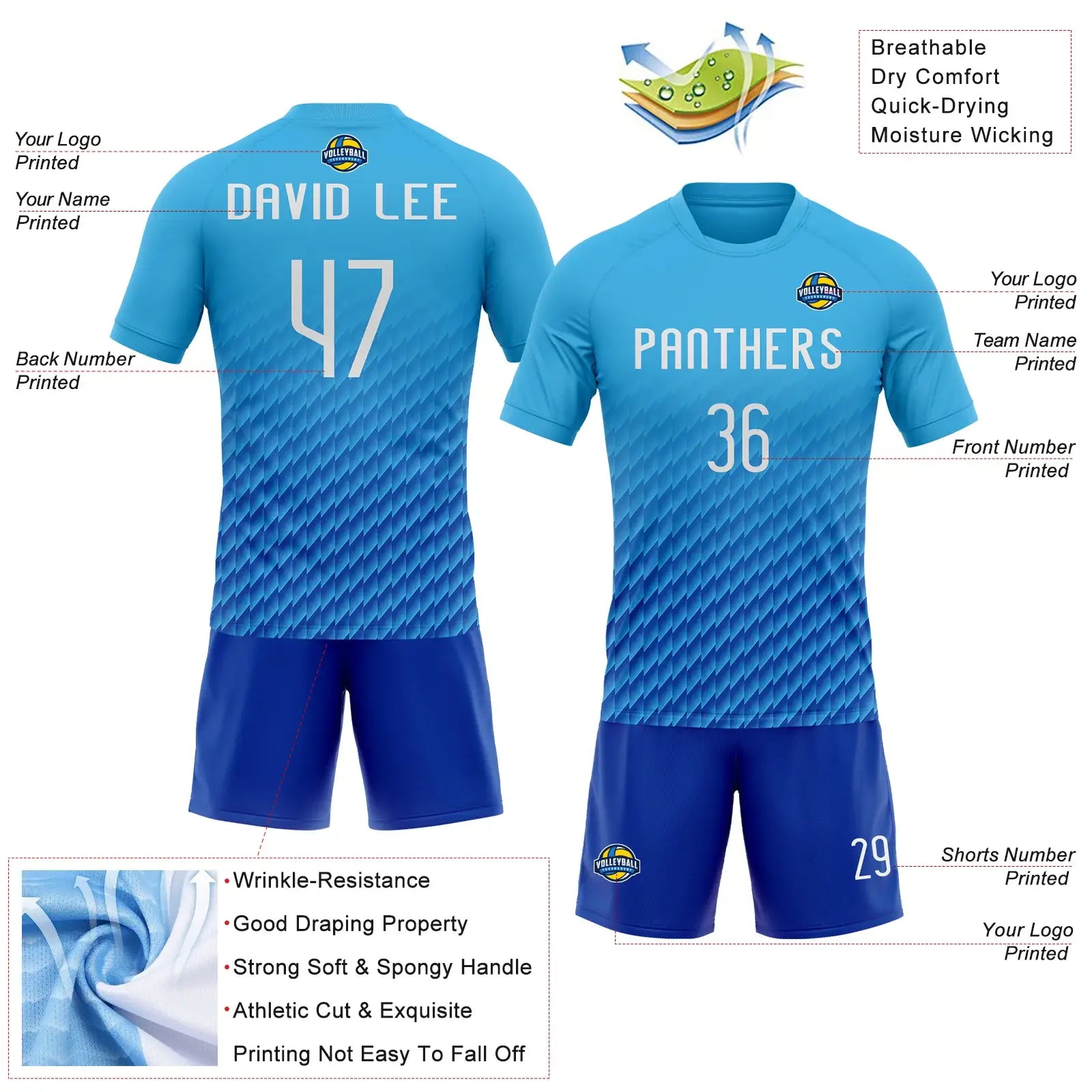 Custom Geometric Shape Volleyball Jersey Sky Blue White Thunder Blue Sublimation, Custom Name Number, Women Girls Unisex Youth