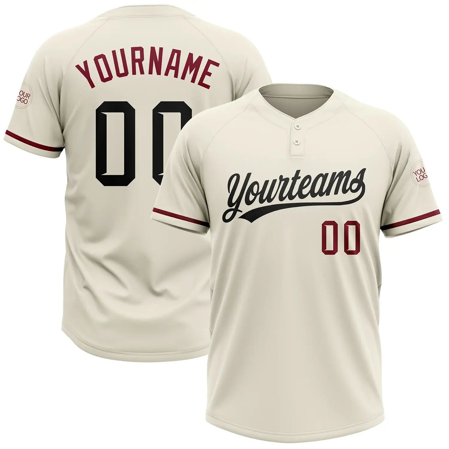 Custom 2-Button Softball Jersey Cream Black Crimson Sublimation, Custom Name Number, Women Girls Unisex Youth