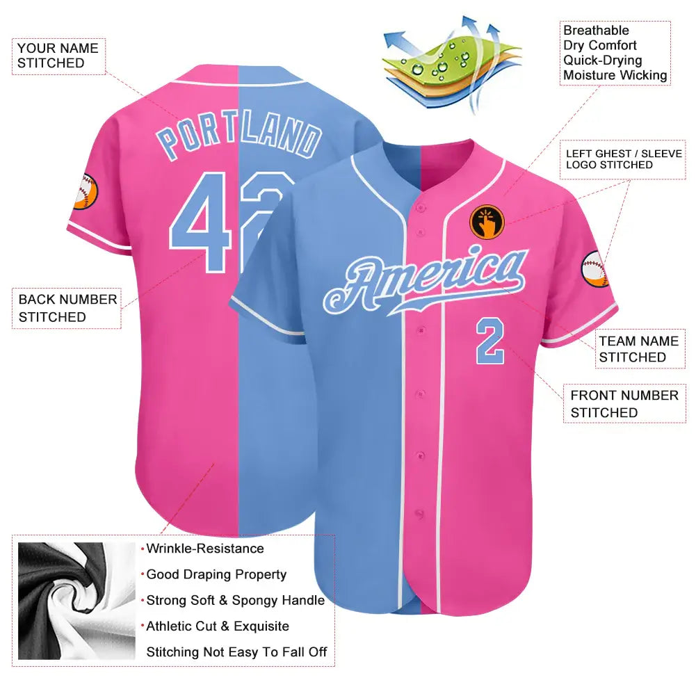 Custom Split Fashion Baseball Jersey Pink Light Blue White Sublimation, Custom Name Number, Men Youth Unisex
