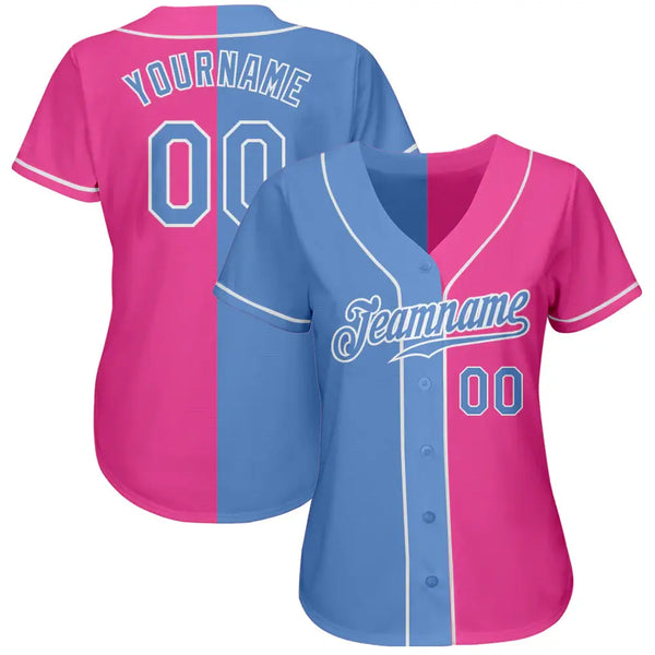 Custom Split Fashion Baseball Jersey Pink Light Blue White Sublimation, Custom Name Number, Men Youth Unisex