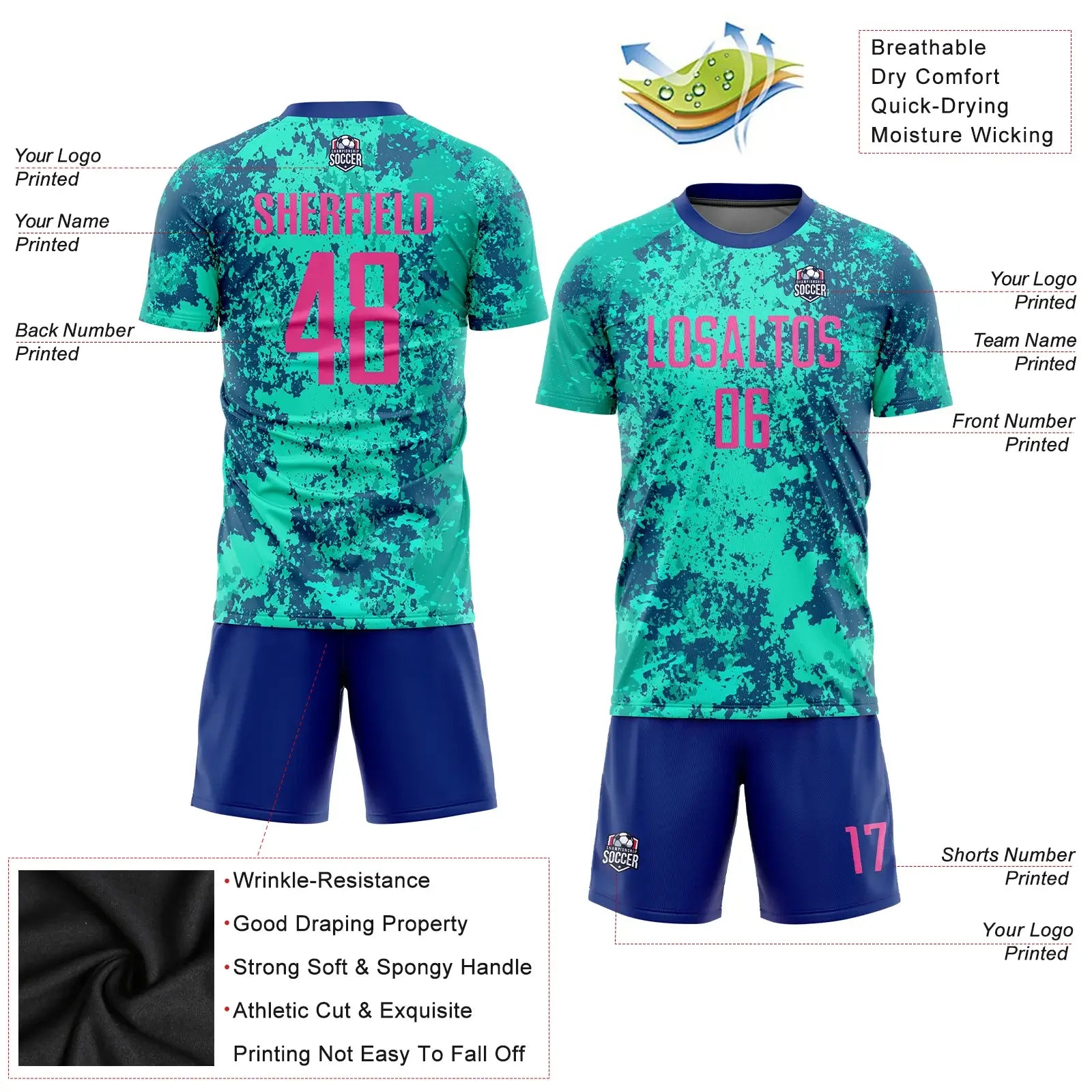 Custom Soccer Jersey Teal Pink Royal Sublimation, Team Uniform Kit, Custom Name Number, Unisex Men Women Youth