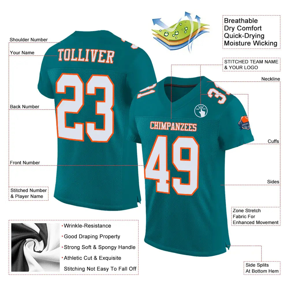 Custom Mesh Football Jersey Teal White Orange Pro Style Sublimation, Custom Name Number, Men Youth Unisex