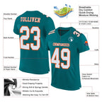 Custom Mesh Football Jersey Teal White Orange Pro Style Sublimation, Custom Name Number, Men Youth Unisex