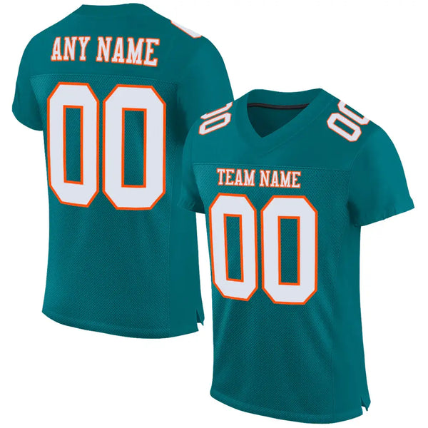 Custom Mesh Football Jersey Teal White Orange Pro Style Sublimation, Custom Name Number, Men Youth Unisex