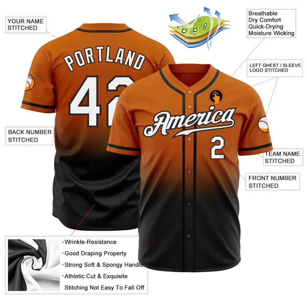 Custom Fade Fashion Baseball Jersey Texas Orange White Black Sublimation, Custom Name Number, Men Youth Unisex