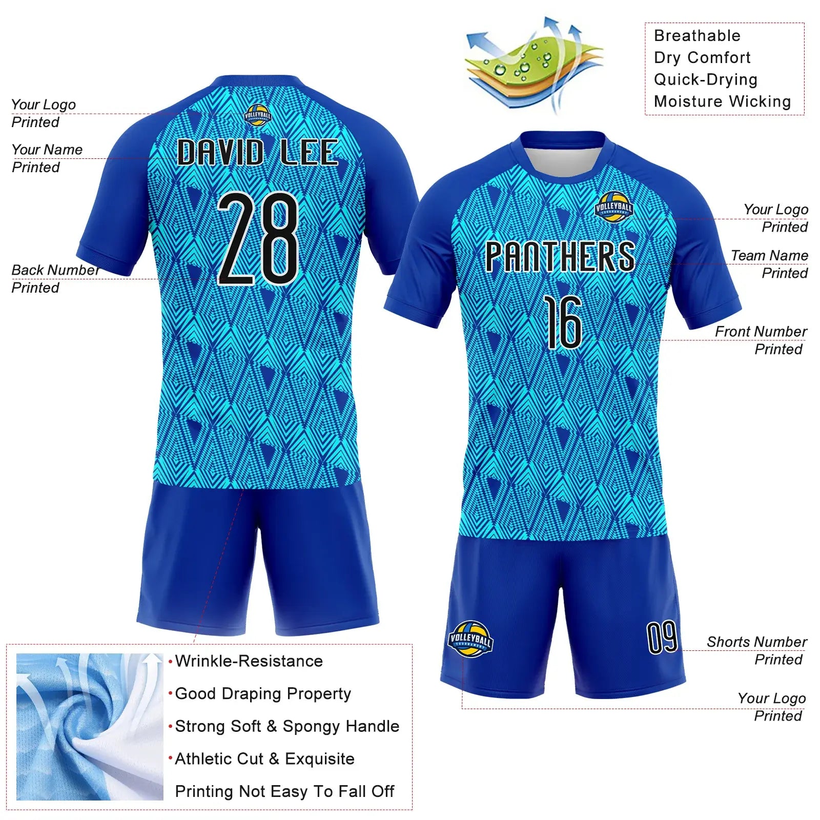 Custom Geometric Shape Volleyball Jersey Thunder Blue Black Lakes Blue Sublimation, Custom Name Number, Women Girls Unisex Youth