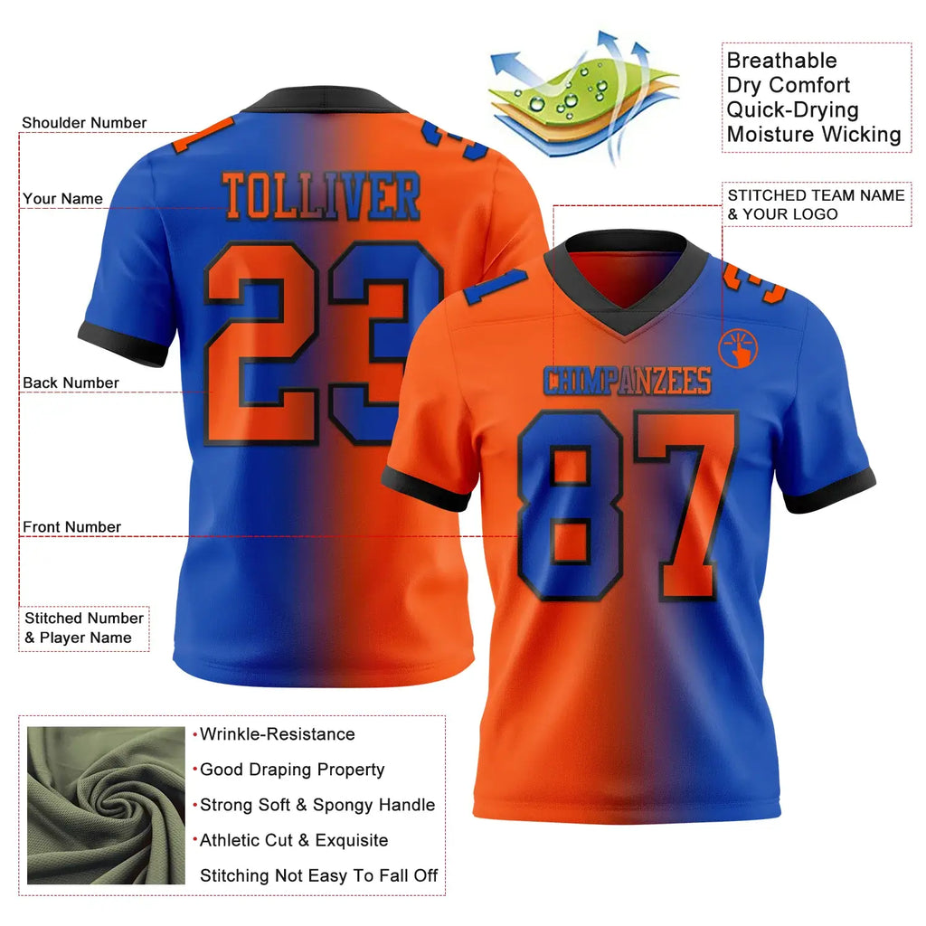 Custom Gradient Fashion Football Jersey Thunder Blue Orange Black Sublimation, Custom Name Number, Men Youth Unisex