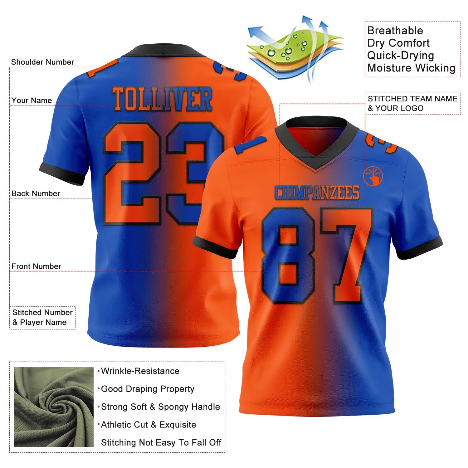 Custom Gradient Fashion Football Jersey Thunder Blue Orange Black Sublimation, Custom Name Number, Men Youth Unisex
