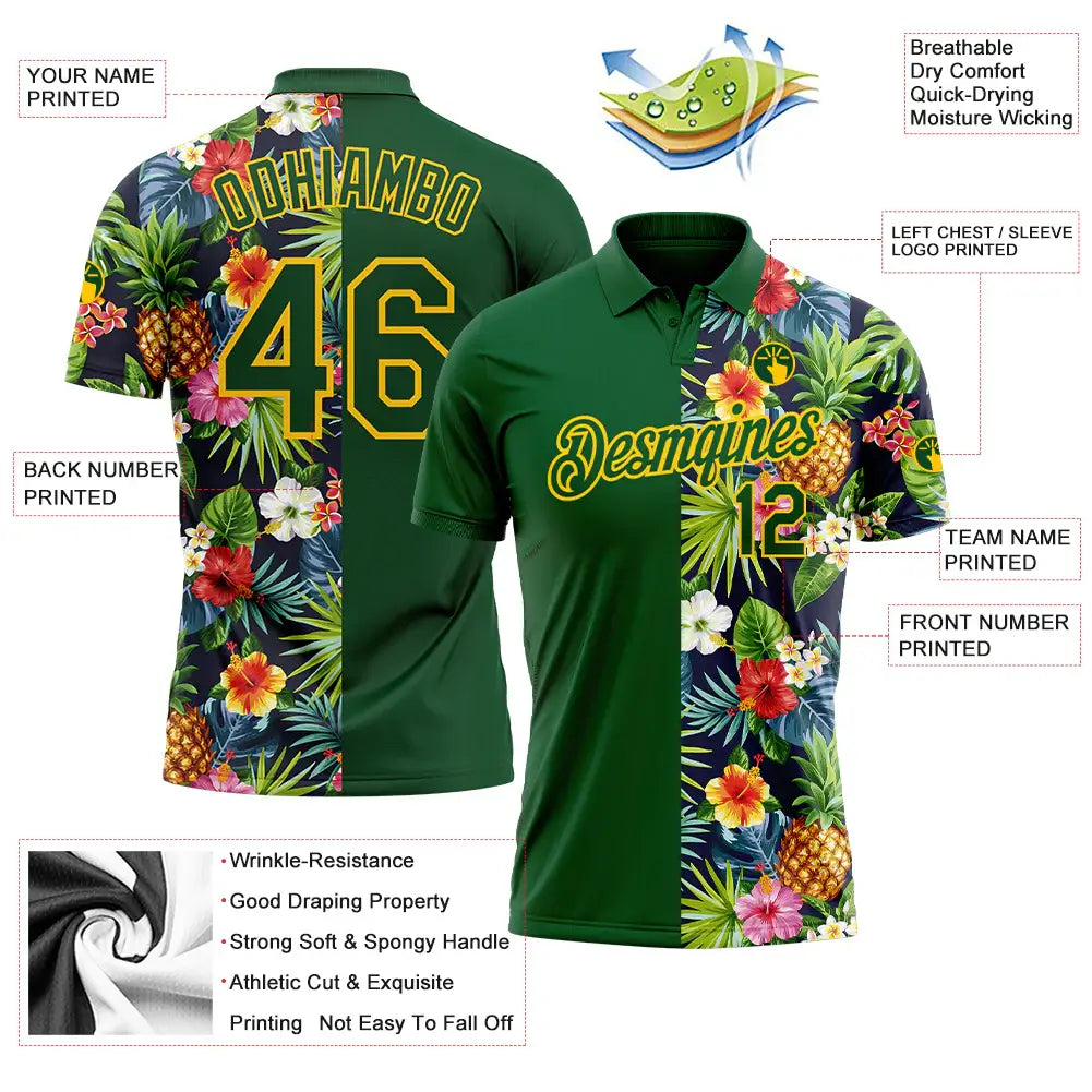 Custom Tropical Pineapple Golf Polo Shirt Green Yellow Palm Leaf Flower 3D Performance Sublimation, Custom Logo, Men Women Unisex