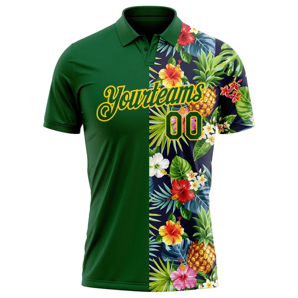 Custom Tropical Pineapple Golf Polo Shirt Green Yellow Palm Leaf Flower 3D Performance Sublimation, Custom Logo, Men Women Unisex