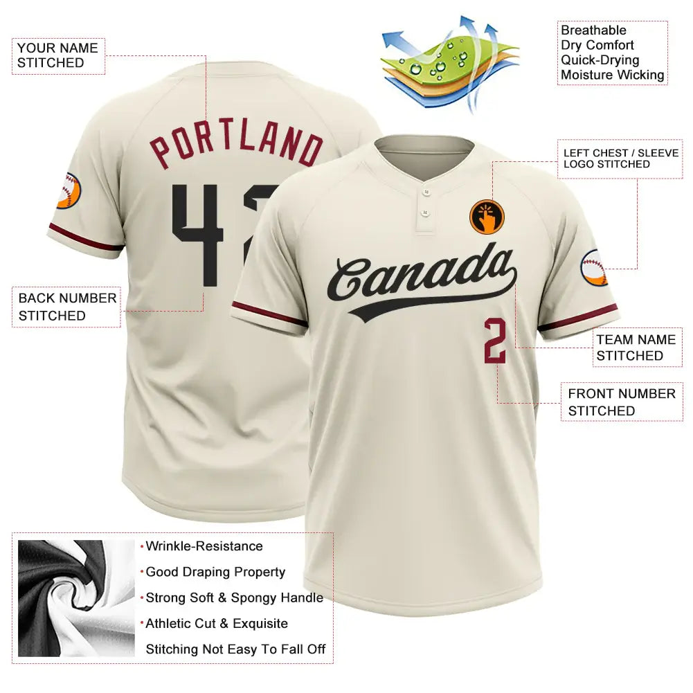 Custom 2-Button Softball Jersey Cream Black Crimson Sublimation, Custom Name Number, Women Girls Unisex Youth