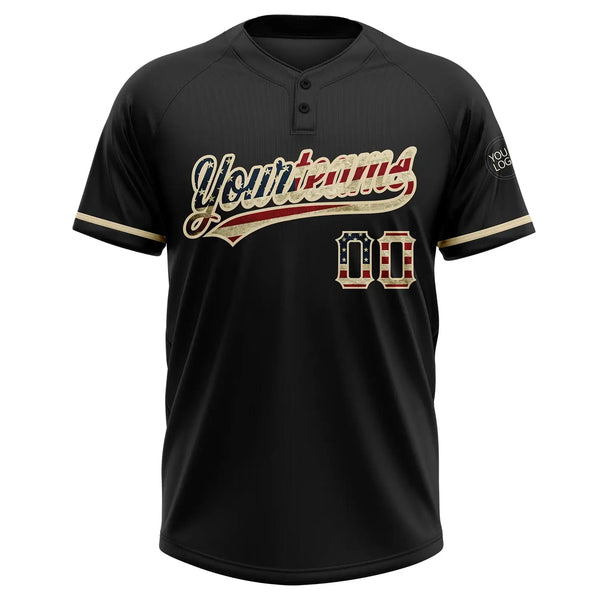 Custom 2-Button Softball Jersey Black Vintage USA Flag City Cream Sublimation, Custom Name Number, Women Girls Unisex Youth