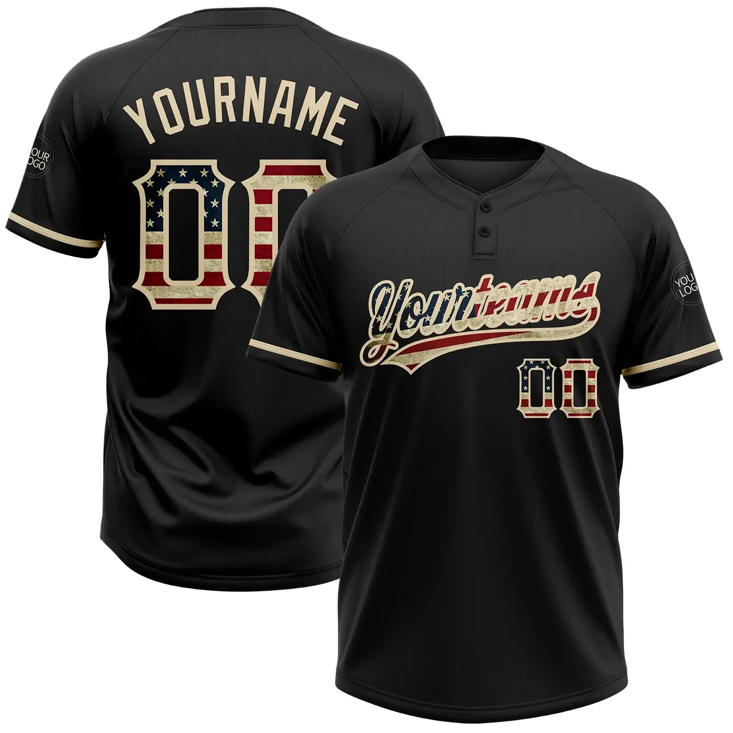 Custom 2-Button Softball Jersey Black Vintage USA Flag City Cream Sublimation, Custom Name Number, Women Girls Unisex Youth